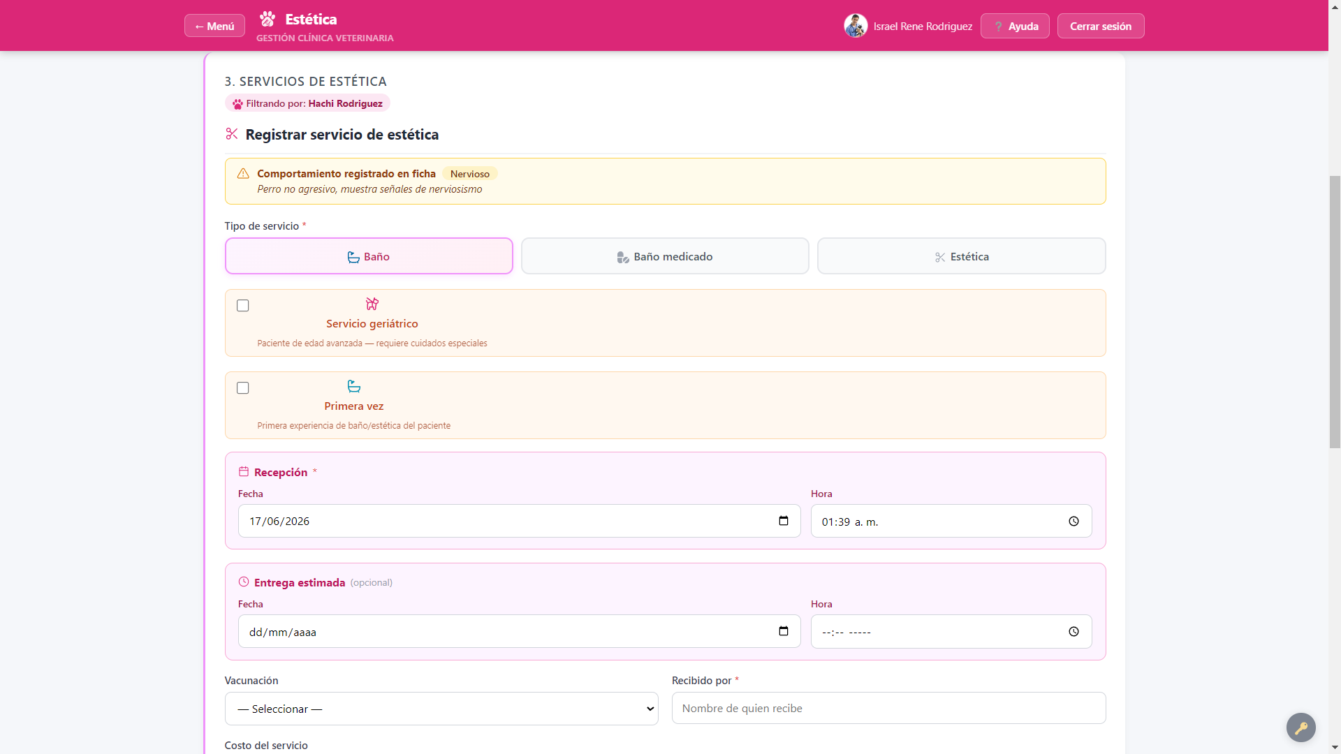 Formulario de servicio de estética canina en VetDoc